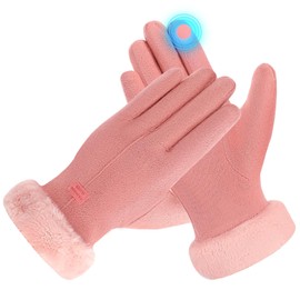 Women Touch Screen Thermal Gloves, Winter Warm Fleece Lined Touchscreen Gloves, Ladies Suede Gloves for Dressing Driving Running Skiing Cycling Camping (Pink)