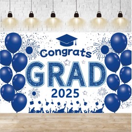 Large Congrats Grad 2025 Banner Blue Graduation Banner Navy Blue White Graduation Party Decorations 2025 - Class of 2025 Graduation Photo Backdrop Graduation Party Supplies 2025-72x44 inch