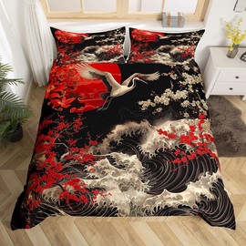 Homewish Oriental Cherry Blossoms Comforter Cover Japanese Asian Print Bed Set, Black and Red Single Duvet Cover Chic Crane Bedding Set, Ocean Waves Bedspread Cover (Zipper Closure)
