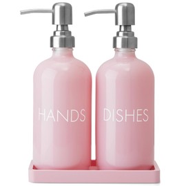 Pink Glass Dish and Hand Soap Dispenser Set - Kitchen Soap Dispenser with Tray and Stainless Steel Pump - for Modern Pink Kitchen Decor and Accessories