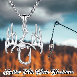 PROESS Fish Hook Necklace for Men 925 Sterling Silver Antler Duck Pendant Necklace Antler Fish Hook Hunting Jewelry for Father Son