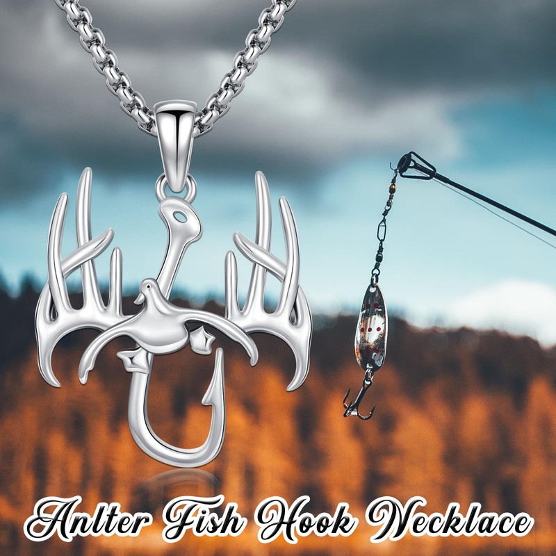 PROESS Fish Hook Necklace for Men 925 Sterling Silver Antler