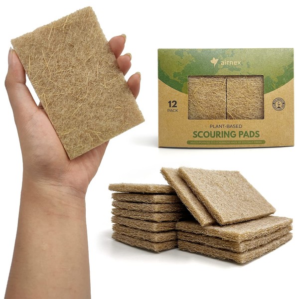 AIRNEX - almohadillas para orejas biodegradables para platos - Paquete de 12 almohadillas para orejas de fibra de coco para platos - almohadillas para orejas de fregado antiarañazos, para ollas y sartenes