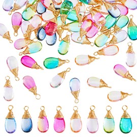 DICOSMETIC 80 Pieces 8 Colours Drop Charm Glass Drop Charm with Golden Copper Wire Wrapped Drop Beads Charm Pendant Transparent Water Drop Charm for Jewellery Making, Glass