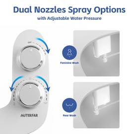 Auterfar Bidet Attachment for Toilet, Dual Nozzle with Self-Cleaning Bidet Toilet Seat, Non-Electric Ultra-Thin Bidets for Existing Toilets, Rear/Feminine Wash with Adjustable Water Pressure, CSL0401