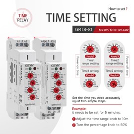 Asymmetric Cycle Timer Relay 2SPDT 16A Adjustable Relay GRT8-S2 12V Electronic Timer Relay in Din Rail, 0.1s-10 Days Wide Range Delay On Off Factory Automation Voltage Range AC DC 12V to 240V