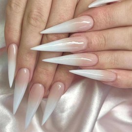 MERVF Long Stiletto Press on Nails White French Tip Fake Nails Press ons with Ombre Design Almond Glue on Nails Solid Color Acrylic False Nails Glossy 24pcs