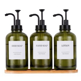 Glass Soap Dispenser with Upgrade Pump, Dish Soap Dispenser for Kitchen, Hand Soap Dispenser for Bathroom, Lotion Dispenser Set of 3 with 27 Labels Bamboo Tray Funnel 500ml 18oz Green