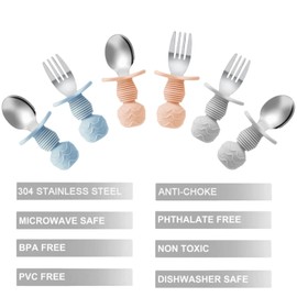 PandaEar 6 Pack Stainless Steel Toddler Spoons and Fork Feeding Set - Anti-Choke First Self Feeding Utensils for Kids Baby Boys Led Weaning Ages 18 Months+ (Blue/Grey/Peach)