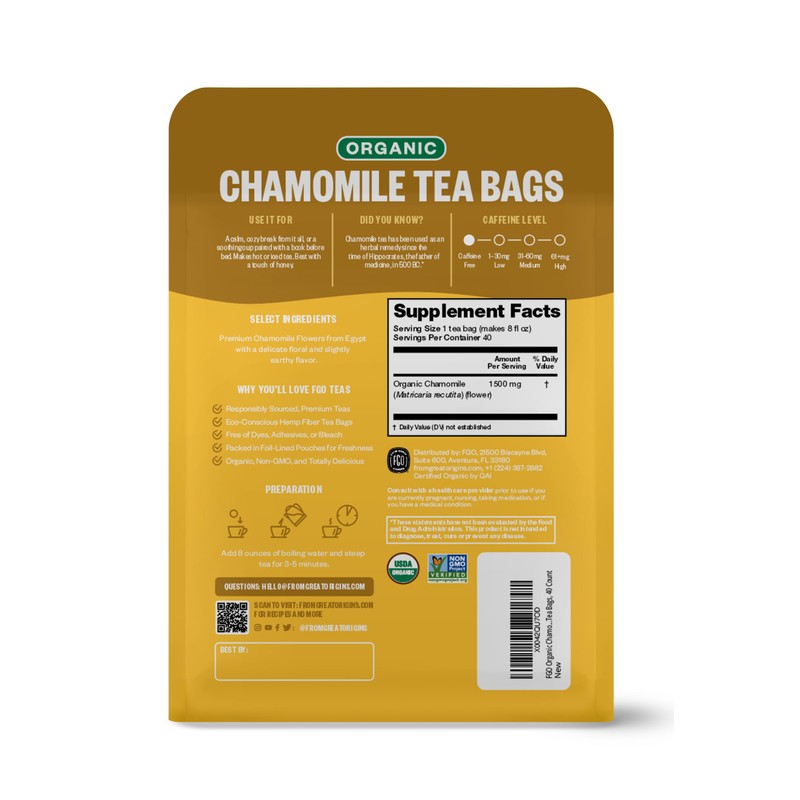 FGO Organic Chamomile Tea, 40 Count, Eco-Conscious Tea Bags, Resealable