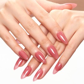 GLAMERMAID Pure Coral Pink Press on Nails Medium Almond, Nude Neutral Handmade Jelly Sofy Gel Glue on Nails Stiletto, Glossy Fake Nails Short Oval，Reusable Acrylic Stick on False Nail Kits for Women
