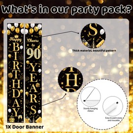 90th Birthday Decorations Door Banner - Black Gold Happy 90th Birthday Party Decoration Door Porch Sign Banners Backdrop for Women Men 90 Years Old Birthday Party Indoor Outdoor Decor Supplies