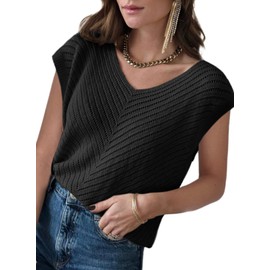 Dokotoo Womens Tank Tops for Women Plus Size Cap Sleeve V Neck Loose Sleeveless Pullover Knit Sweaters Loose Tunic Tops Jumper Knitted Casual Top Lightweight Summer Sweater 2024 Trendy Black XX-Large