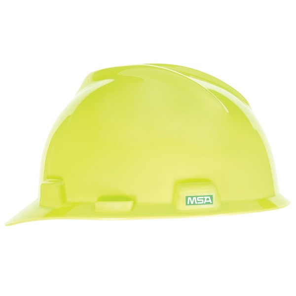 MSA 10061512 V-Gard Cap Style Safety Hard Hat With Fas-Trac III Ratchet Suspension | Polyethylene Shell, Superior Impact Protection, Self Adjusting Crown Straps - Standard Size in Hi-Viz Yellow