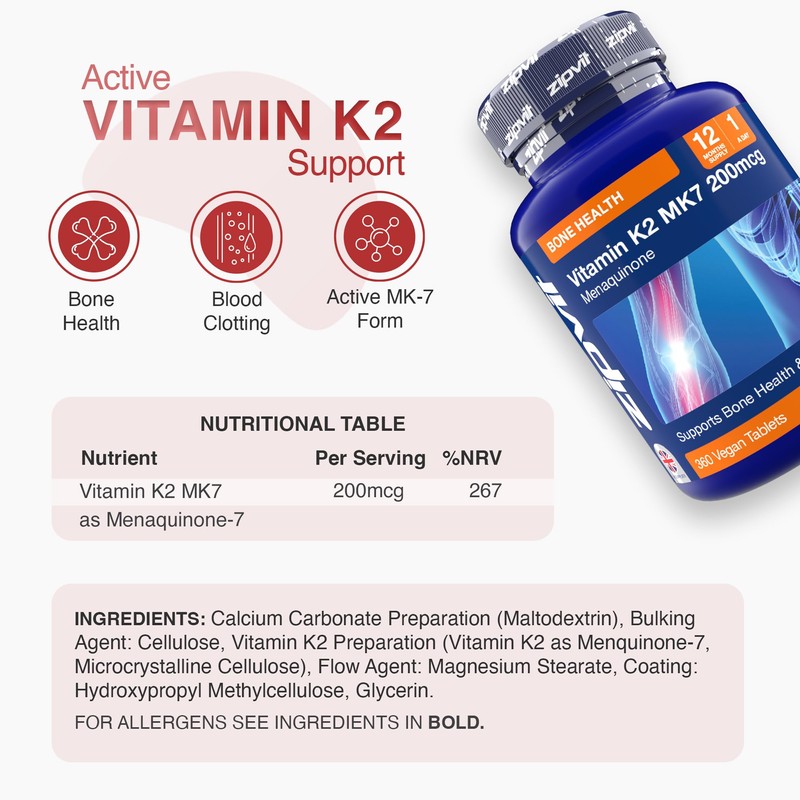 Zipvit Vitamin K2 MK7 200mcg, High Strength K2 Vitamin Supplement,