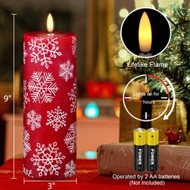Wondise Christmas Flameless Candles with 6hrs Timer, Snowflakes Battery Operated Flameless Flickering Red Candles with 3D Wick Real Wax LED Candles for Christmas Holiday Indoor Decoration(2.6"x7.8")