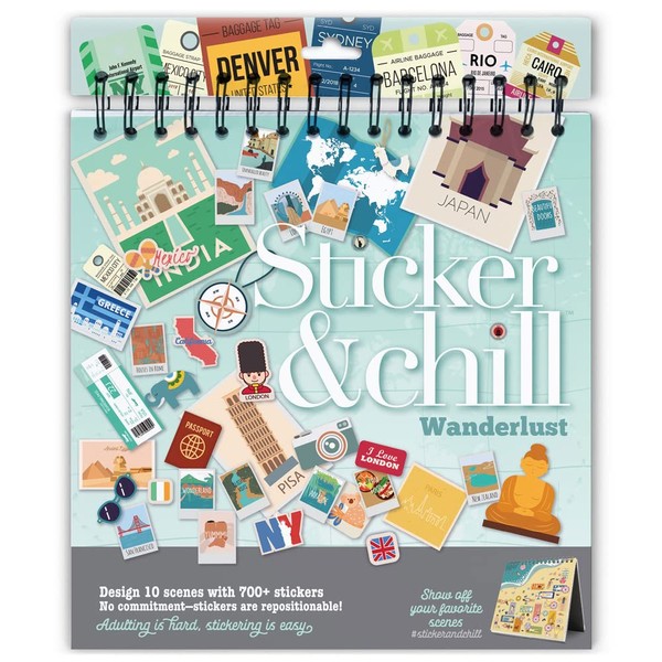 Sticker & Chill Sticker Book for Adults – 700+ Repositionable Colorful Clings Create Designs on 10 Spiral Bound Scene Pages – Easy, Fun & Stress Relieving Relaxation Activity – Wanderlust Series