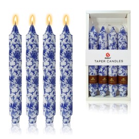 Flowers Printed Candle Taper Candles 9 inch - 4 Pack Blue and White Porcelain Candle Dripless, Smokeless, Unscented Tall Candlesticks - Perfect for Home Decor, Weddings, and Special Occasions