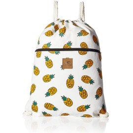 LEMUR Bags - Durable Canvas Drawstring Backpack with Secure Zippered Pocket (Pineapples)