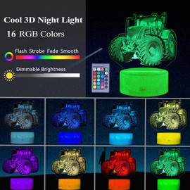 POSSHE Tractor Gifts, Cool Night Light, 3D Illusion Night Light, 16 Colors Changing, Remote Control with Timer, Kids Room Decoration Gifts for Holiday Birthday Christmas