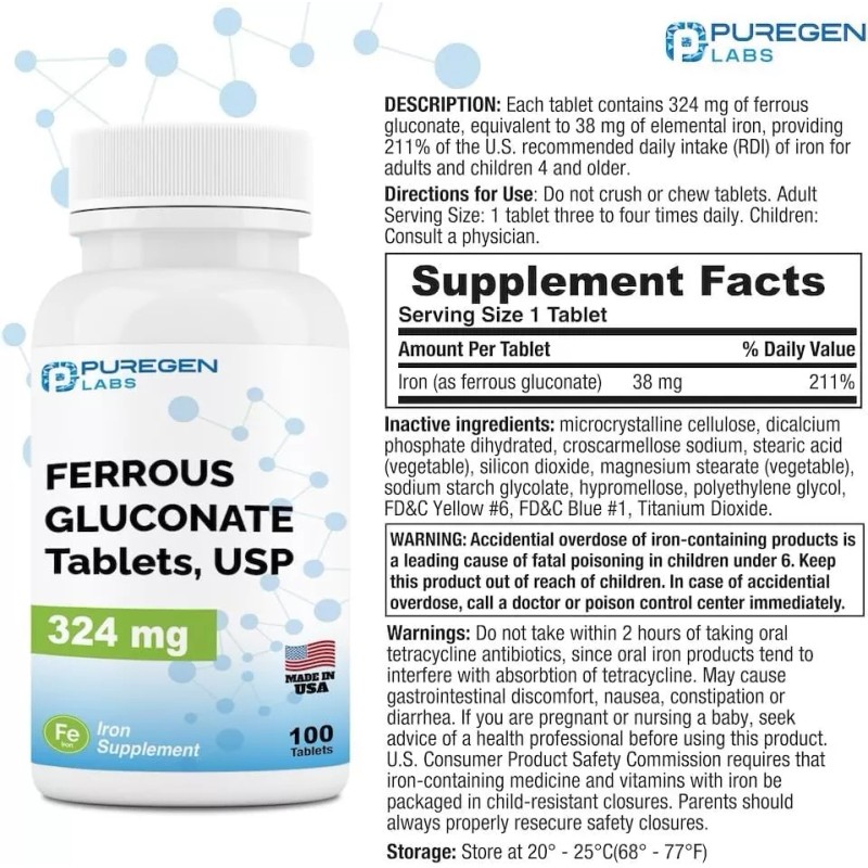 Puregen Ferrous Gluconate 324 mg [High Potency] Iron Supplement 100