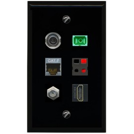 RiteAV 3.5mm CAT7 Coax HDMI SC APC Simplex Fiber Speaker Flat/Solid Wall Plate [Black]