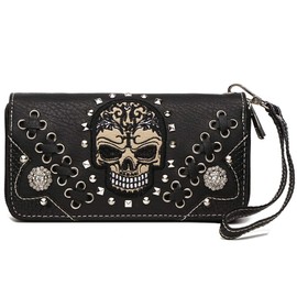 Sugar Skull Punk Art Rivet Studded Women Wallet Day of the Dead Wristlet Purse (Black)