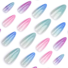 Multicolor Gradient Fake Nails Long Almond Press on Nails with Glue on Nails Glossy Artificial False Nails Acrylic Ombre Stick on Nails for Women Girls
