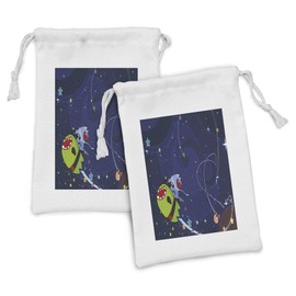 Ambesonne Space Cat Fabric Pouch Set of 2, Cartoon Kittens Alien Creatures Stars Planets on Abstract Backdrop, Small Drawstring Bag for Toiletries Masks and Favors, 9" x 6", Green Brown Dark Blue