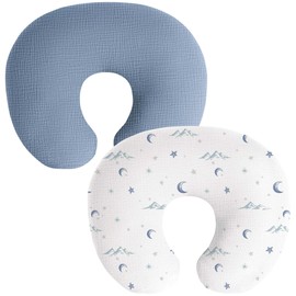Coreeky Muslin Nursing Pillow Covers, 2 Pack, Soft & Adorable Slipcovers with Zipper Closure, 100% Cotton Covers for Breastfeeding Pillows (Blue, Moons)