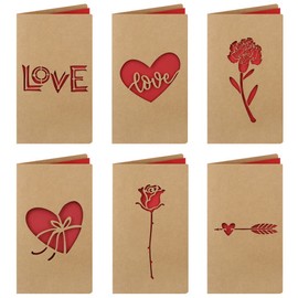 Valentine's Cards 6 PCS,Romantic Rose Heart Greeting Cards,Red Hollow Out Kraft Brown Thank You Blank Cards With Envelopes For Valentine's Day Anniversaries Birthday Christmas