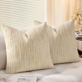 AELS 20x20 Decorative Farmhouse Throw Pillow Covers, Chenille Striped Pillow Case, Set of 2, Boho Textured Cushion Cover for Sofa Couch Living Room (Cover ONLY), Beige