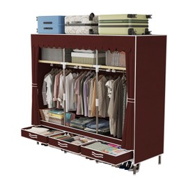 LEAIJIAFY Portable Wardrobe, Metal Frame with Dark Red Non-Woven Cover, 3 Hanging Rods, 3 Drawers, 3 Lockers,Portable Wardrobe with Drawers, Clothing Storage, Bedroom