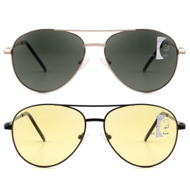 Men's Night Vision Progressive Reader Sunglasses Yellow Lens With G15 Classic Men's Command Aviator Metal 2.5