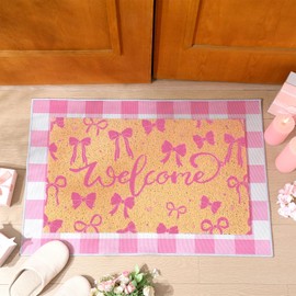 Tinideya 2 Pcs Pink Coquette Bow Door Mat Pink White Checkered Welcome Mat Watercolor Floor Rugs Bow Printed Doormat Gift for Bathroom Front Porch Entryway Home Decoration