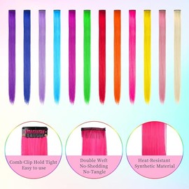 Colored Clip in Hair Extensions 22inch Rainbow Heat-Resistant Straight Highlight Hairpieces Cospaly Fashion Party For Kids Girls 12 Color in 24 pcs