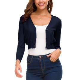 Cárdigan corto corto para mujer con mangas 3/4, frente abierto, 2-azul marino, M