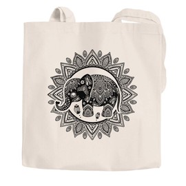 Autiga® Jute Bag Elephant Mandala Boho Bohamian Ethnic Tribal Ornament Cotton Bag Fabric Bag Shopping Bag Natural 2 Long Handles