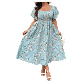 Floerns Women's Plus Size Floral Square Neck Flounce Short Sleeve A Line Maxi Dress Light Blue 1XL