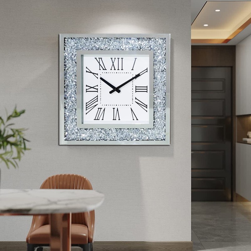 Silver Mirror Clock Crystal Sparkle Twinkle Bling Crush Diamond Mirrored