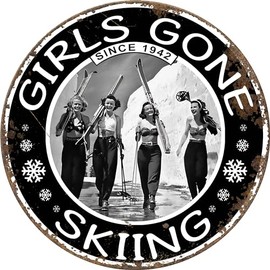 Large 16" Girls Gone Skiing Rustic Vintage Circular Ski Sign