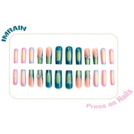 IMRAIN Press on Nails Long Square Fake Nails Green French Tips Pink Ombre Nails Kit Glossy Glue on Nails Full Cover Artificial Acrylic False Nails with 3D Glob Designs Y2K Stick on Nails 24Pcs