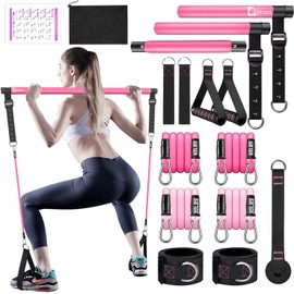 Bbtops Pilates Bar Kit with Resistance Bands(4 x Bands),3-Section Pilates Bar with Stackable Bands Workout Equipment for Legs,Hip,Waist and Arm (Pink30lbs,40lbs)