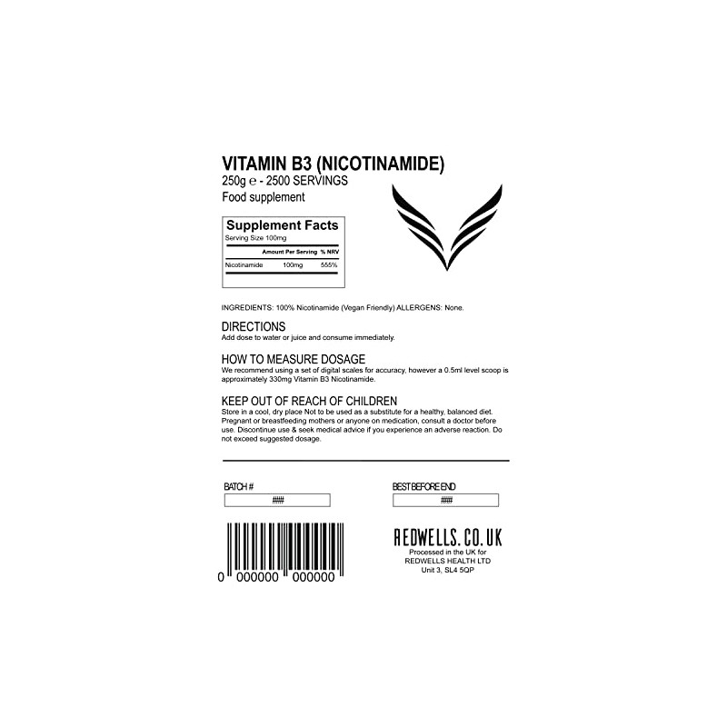 Vitamin B3 Powder Nicotinamide REDWELLS Non Flush Powder GMO Free