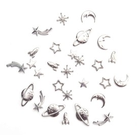 Ruwado 28 Pcs Moon Cosmos Themed Resin Fillers Charms Gold Small Star Spaceship Planet Pendant Accessories for DIY Craft Jewelry Necklace Bracelet Earring Home Decoration (Silver)