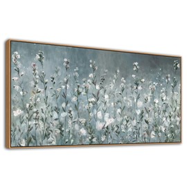 NINEASO Abstract Flower Framed Wall Art - Elegant Translucent White Wildflowers Canvas Pictures Grey Blue Green Botanical Wall Decor Bloom Painting Prints Artwork Home Office Decor 20" x 40" Natural