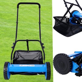 KEIKI 14-Inch Manual Lawn Mower, Push Reel Mowers w/Grass Catcher & Adjustable Cutting Height, 2-Wheels Small Lawnmower with 5 Steel Blades for Graden, Spaces Saving & Easy Assembly, Blue