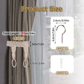 4 PCS Curtain Tie Backs Hand knitted Curtain Ties,61cm Tie Backs for Curtains,Cotton Curtain Tiebacks,Soft Rope Curtain Tie Backs Curtain Rope Buckle for Office, Living Room, Bedroom (Beige)
