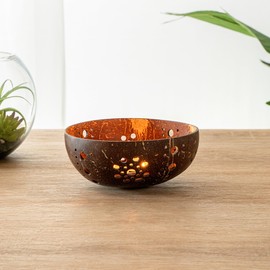 Restaurantware - Coco Casa 5.1 x 2 Inch Coconut Shell Candle Holder, 1 Reusable Tealight Candle Holder - Candle Not Included, Sun Pattern, Brown Coconut Bowl For Candles, Handcrafted