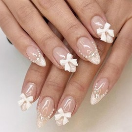 Valentine‘s Gift Press on Nails | French Tip with 3D Bow & Hidden Heart Pearls, 24PCS Medium Almond Elegant Glossy False Nails Kit